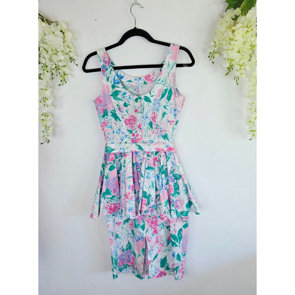Vintage 80s Peplum Dress Pencil Skirt Small White Pink Floral Belted Sleeveless - Picture 3 of 11